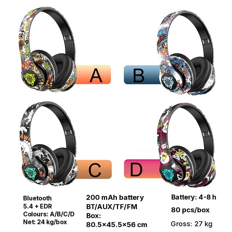 Langattomat Bluetooth-ylikorvakuulokkeet, graffiti-muotoilu, taitettavat
